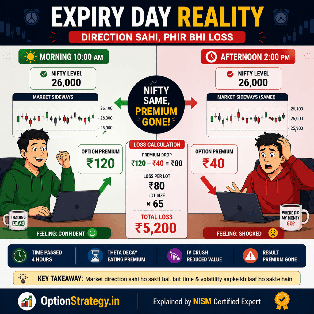 Expiry Day Premium Decay example jahan market sideways hai lekin option premium ₹120 se ₹40 girta hai aur trader ko ₹5,200 ka loss hota hai”