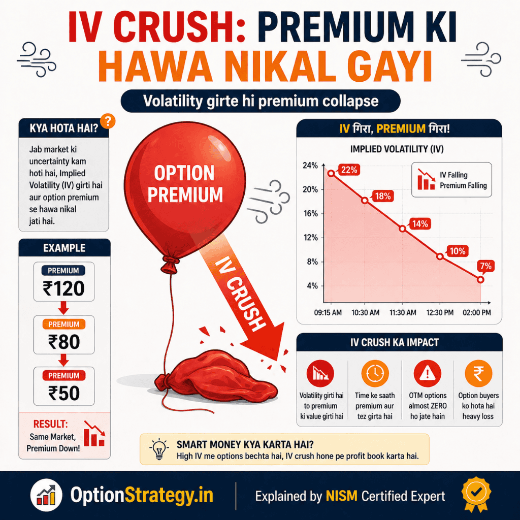 Expiry Day Premium Decay example: direction sahi hone ke baad bhi premium ₹120 se ₹40 gir gaya