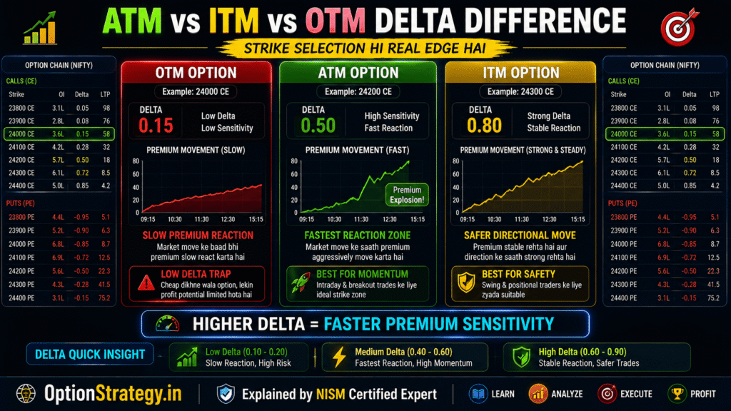 atm itm otm delta difference explained with premium sensitivity and strike selection infographic