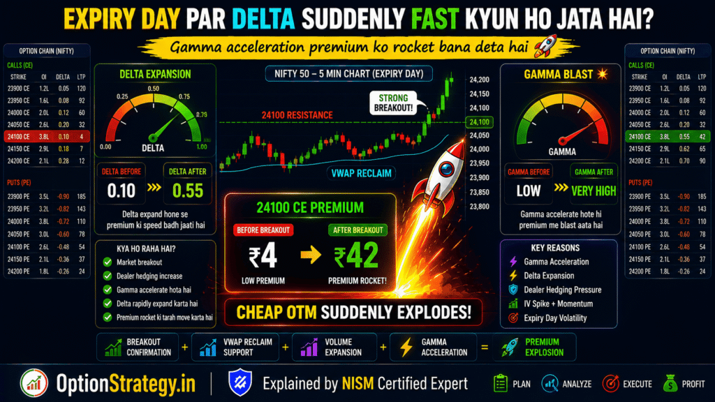 expiry day gamma blast and delta expansion causing otm option premium explosion infographic