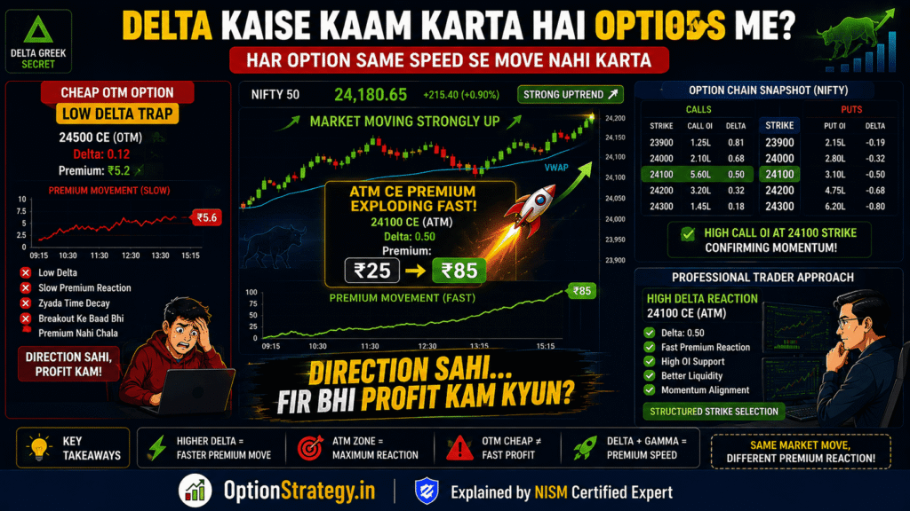 delta greek explained in options trading with atm vs otm premium movement and strike selection