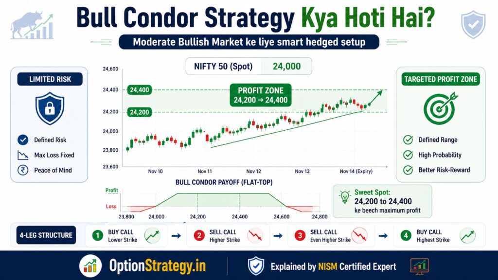 bull condor strategy kya hoti hai example showing nifty moving inside profit zone with limited risk and targeted profit option trading setup