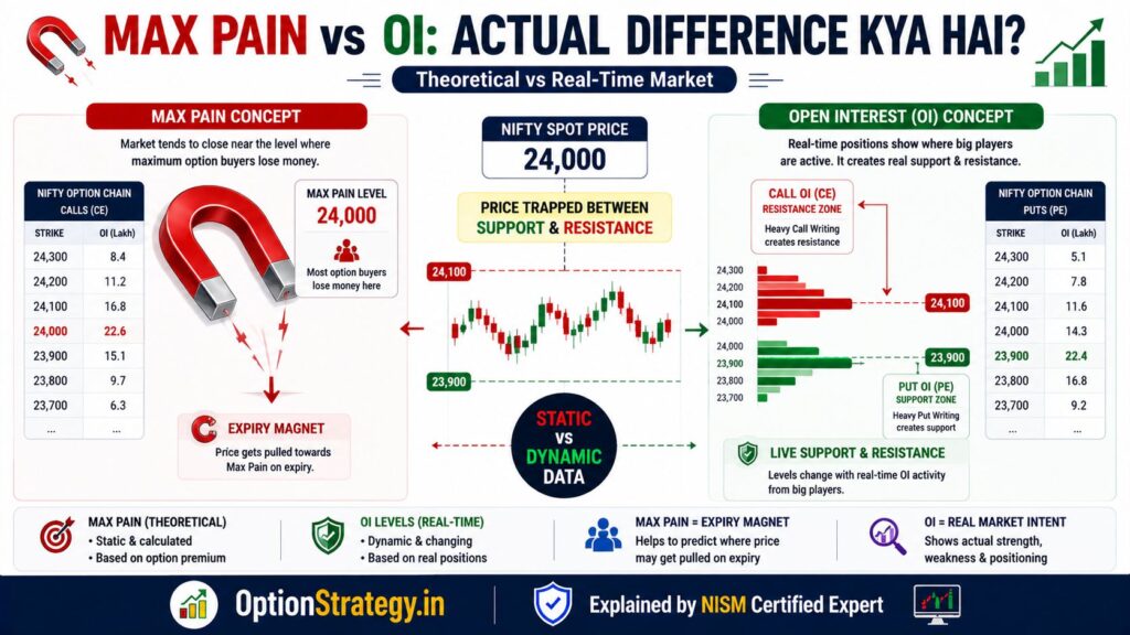max pain vs open interest comparison showing expiry magnet effect and live support resistance zones in option chain analysis
