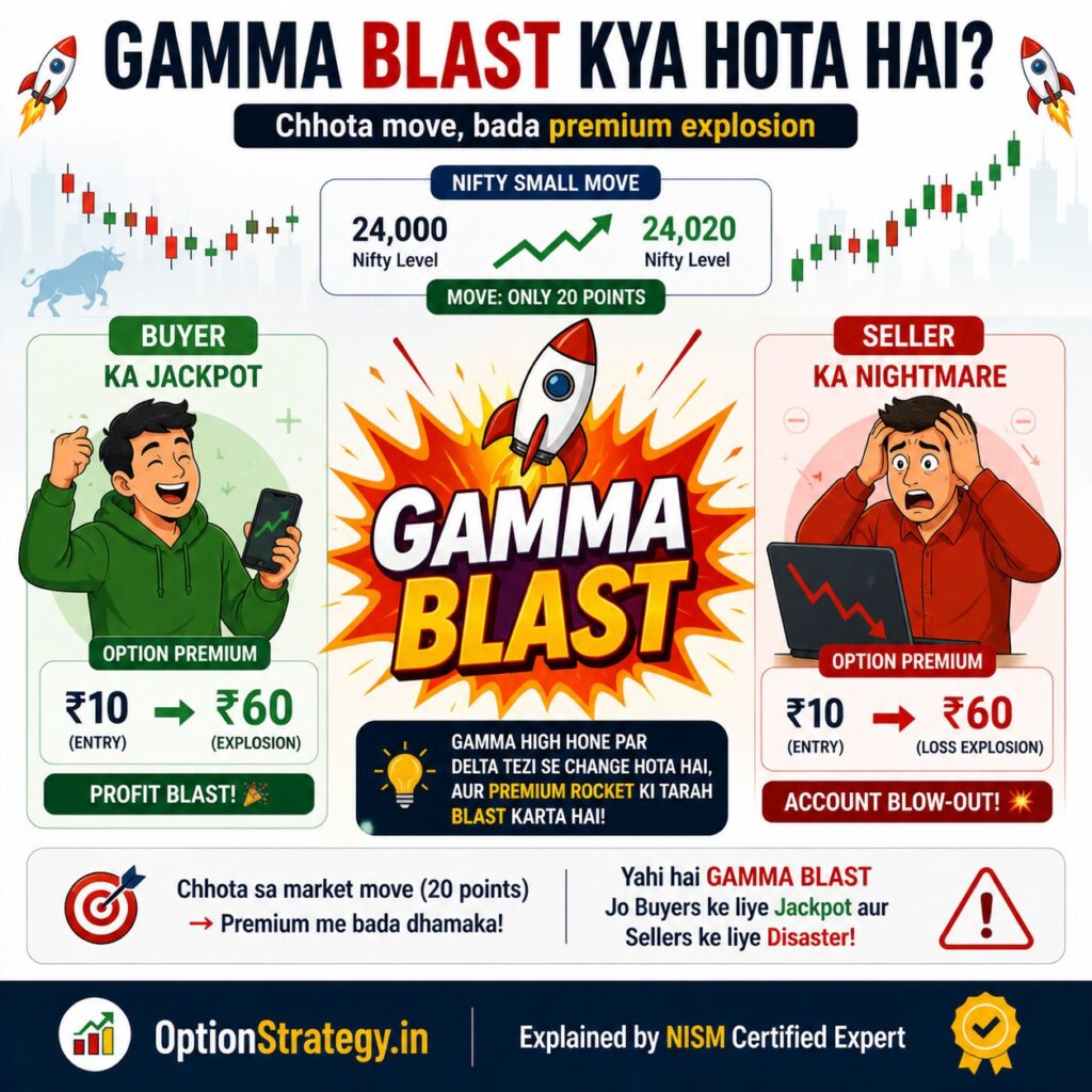 Gamma blast kya hota hai example showing option premium jump ₹10 to ₹60 on small Nifty move expiry day gamma effect