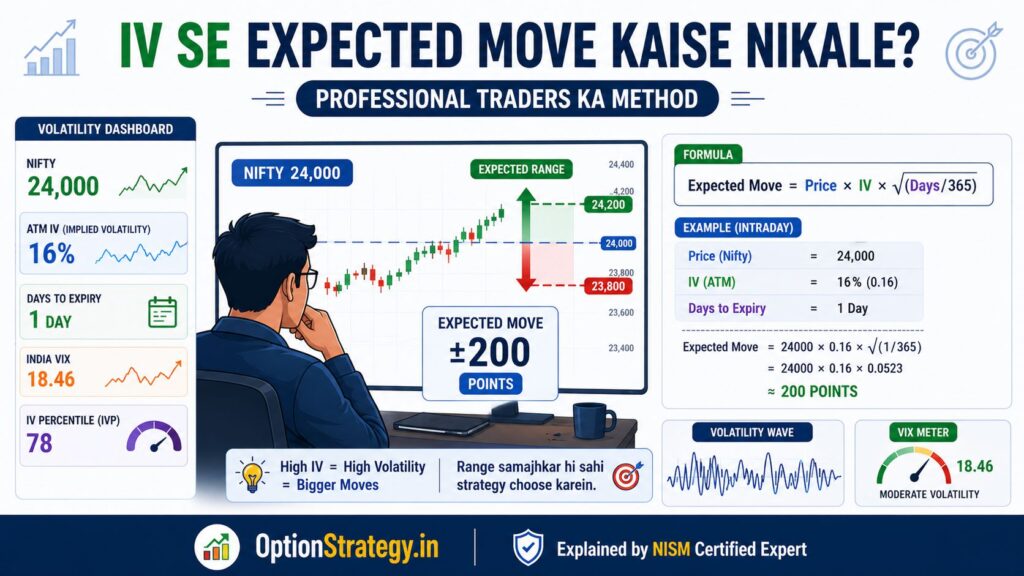 IV se expected move kaise nikale example showing nifty 24000 IV 16 percent aur 200 points intraday range calculation