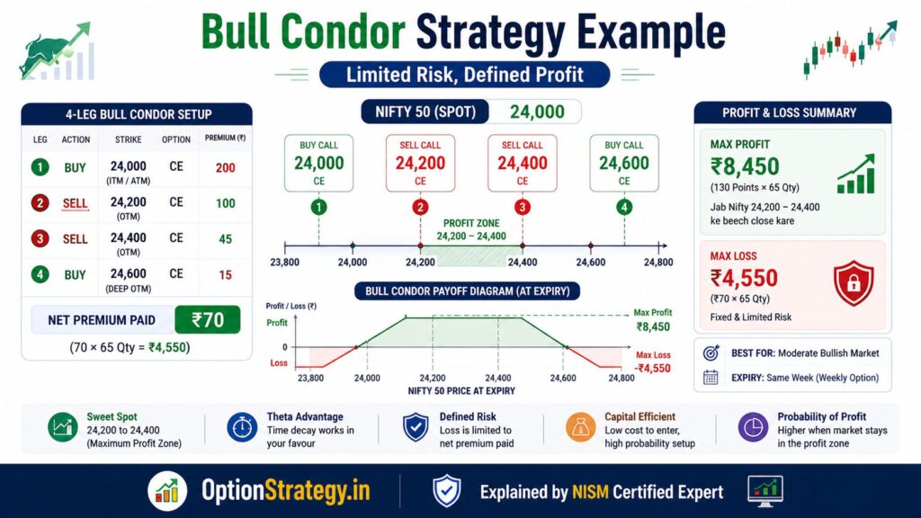 nifty bull condor option strategy example with payoff graph max profit max loss and defined risk trading structure