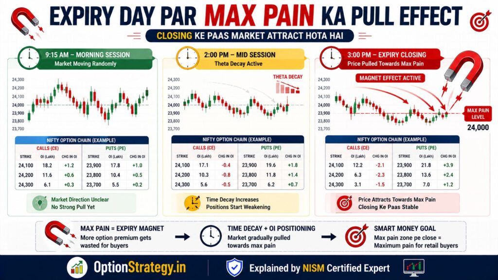 “expiry day max pain pull effect showing price attraction toward max pain level during theta decay in nifty options