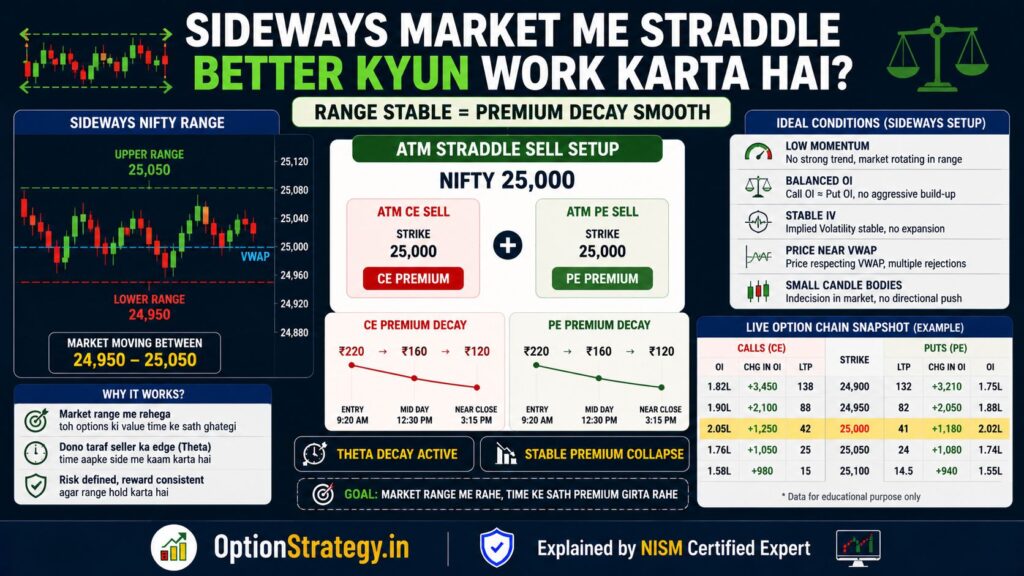 sideways market straddle selling strategy with theta decay stable iv and balanced oi explained