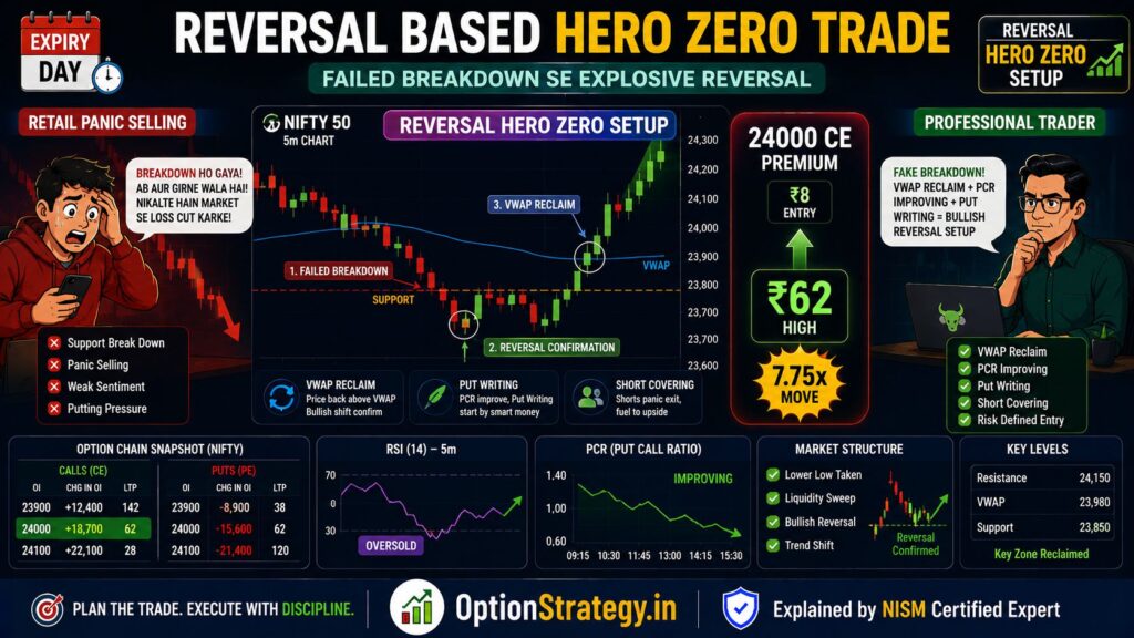 This educational trading infographic shows how failed breakdowns can turn into explosive reversal setups through VWAP reclaim, put writing, short covering, and improving PCR sentiment.