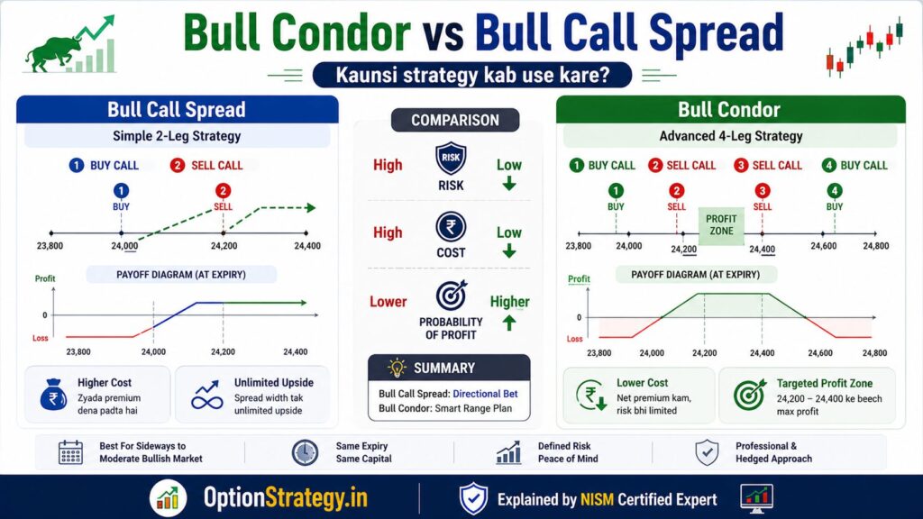 bull condor vs bull call spread comparison showing lower cost higher probability and targeted profit zone option strategy