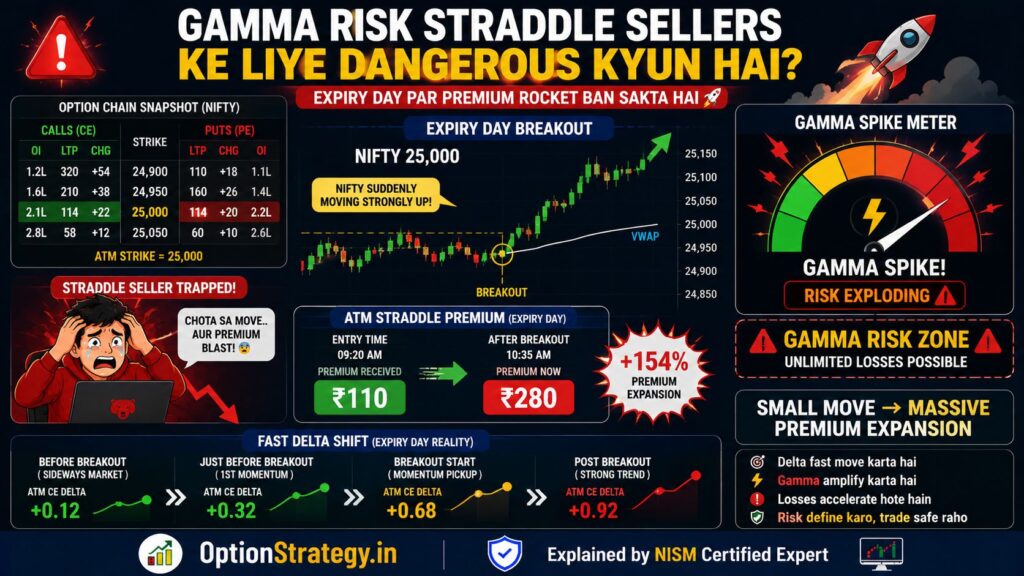 gamma risk in straddle selling showing expiry day premium explosion and fast delta shift in nifty