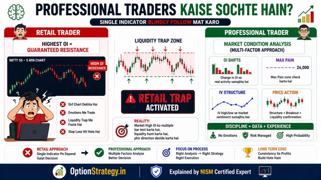 retail trap vs professional trader infographic showing oi shifts max pain and iv structure analysis in option trading