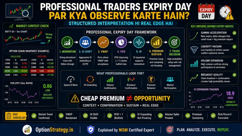 This professional trading framework infographic explains how experienced expiry day traders combine momentum, VWAP, OI shifts, PCR, IV expansion, and premium sustain for high-probability trading decisions.