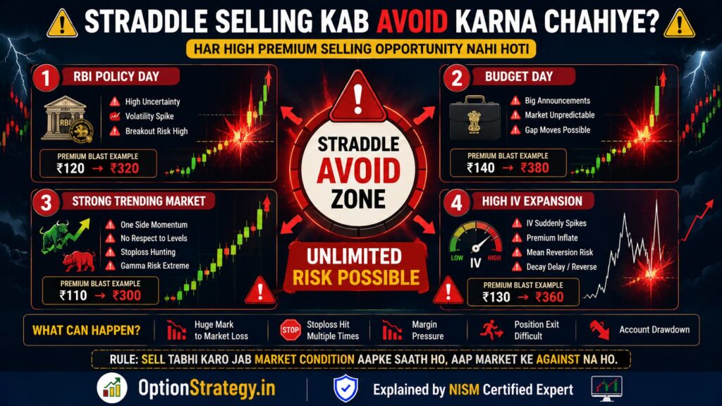 straddle selling avoid zones infographic showing rbi policy budget day gamma risk and high iv expansion